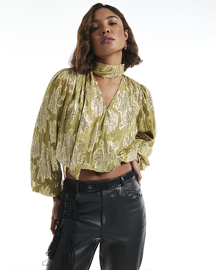 Gold Metallic Wrap Bubble Hem Top