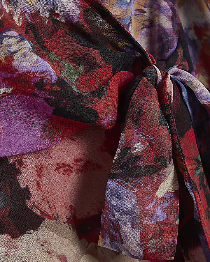 Red Floral Drape Tie Side Mini Dress