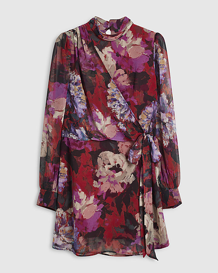 Red Floral Drape Tie Side Mini Dress
