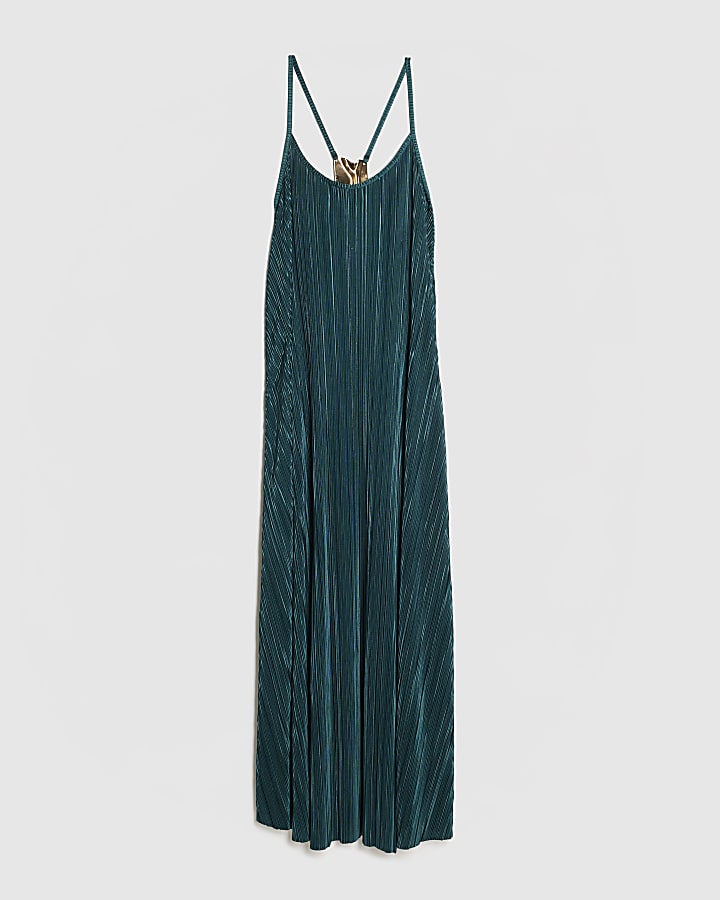 Green Plisse Gold Metal Trim Maxi Dress