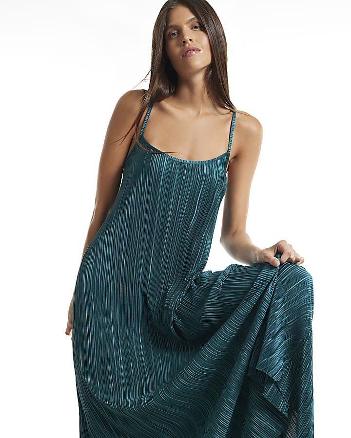 Green Plisse Gold Metal Trim Maxi Dress