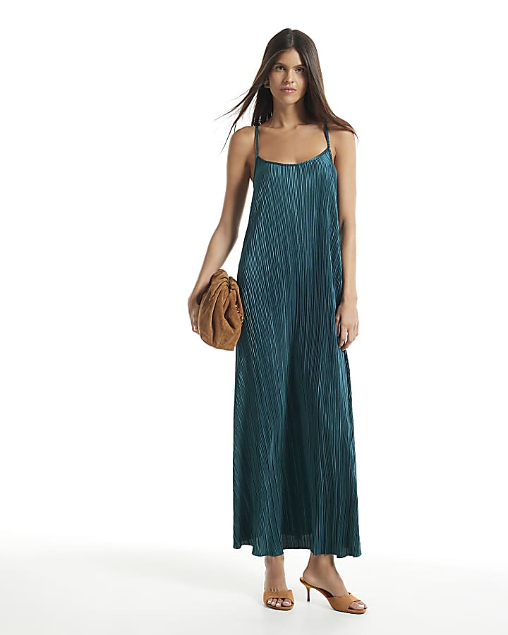 Green Plisse Gold Metal Trim Maxi Dress