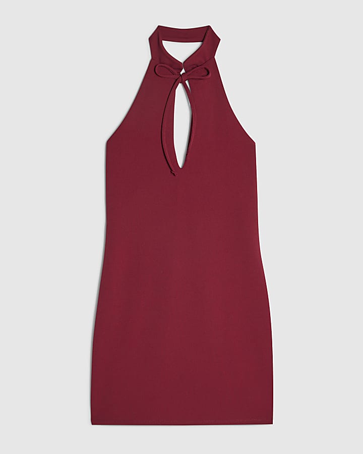 Red Halter Neck Tie Mini Dress