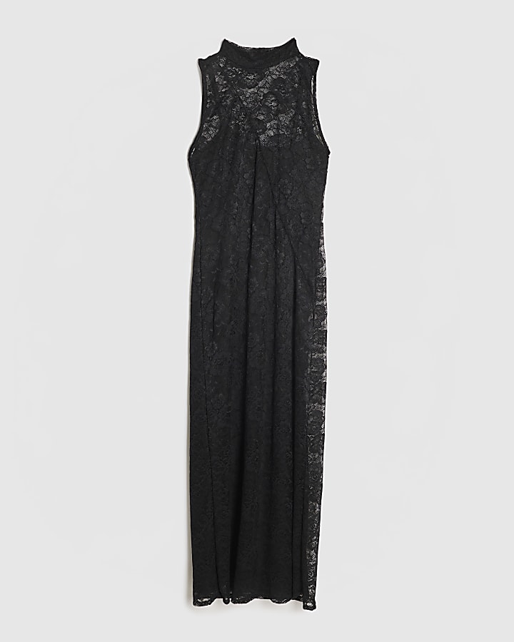 Black High Neck Lace Maxi Dress