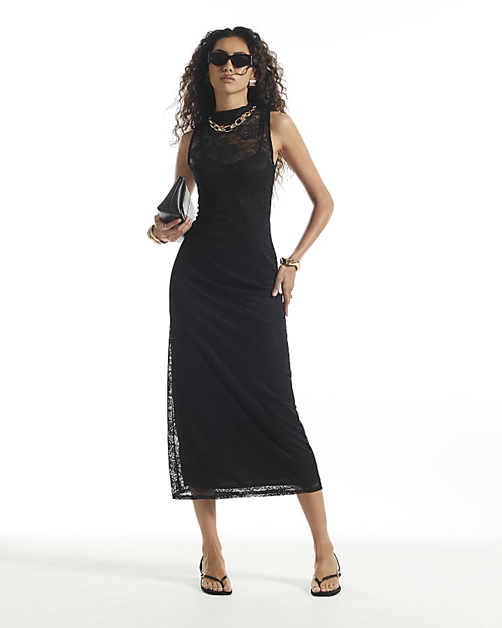 Black High Neck Lace Maxi Dress
