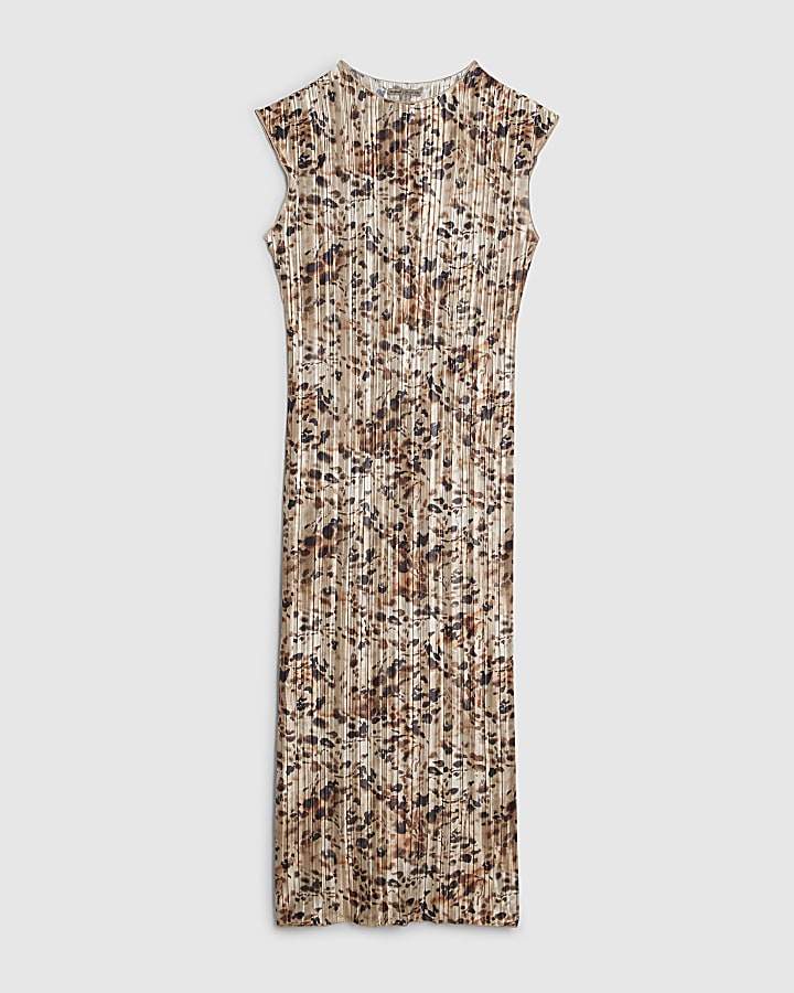 Brown Spot Print Plisse Midi Dress