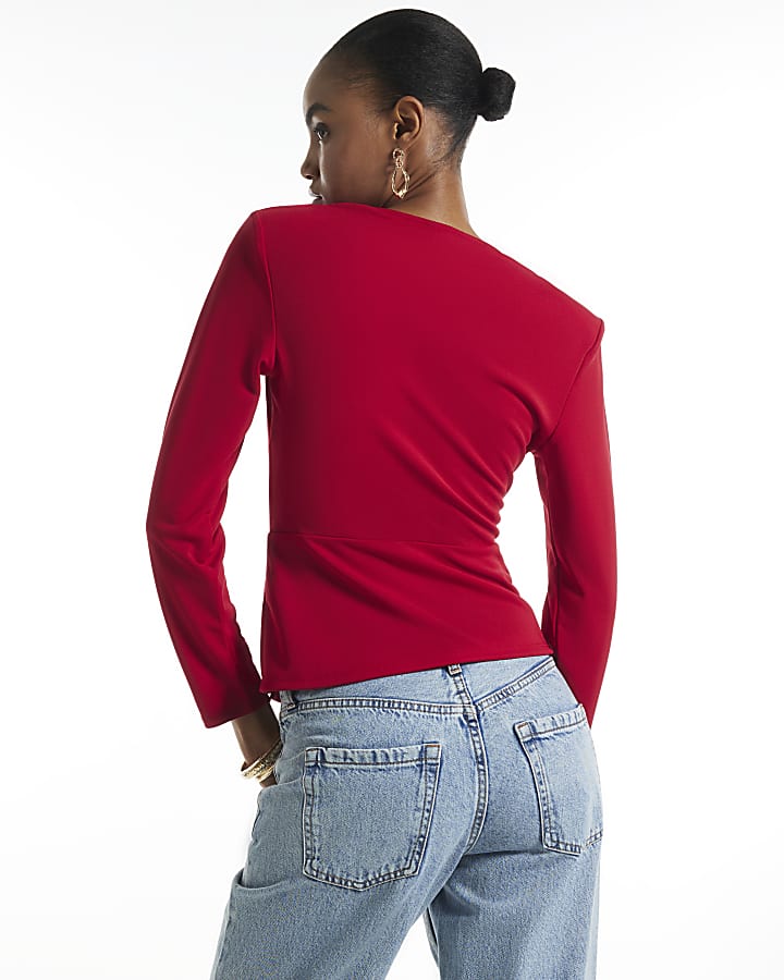 Red Long Sleeve Drape Front Top