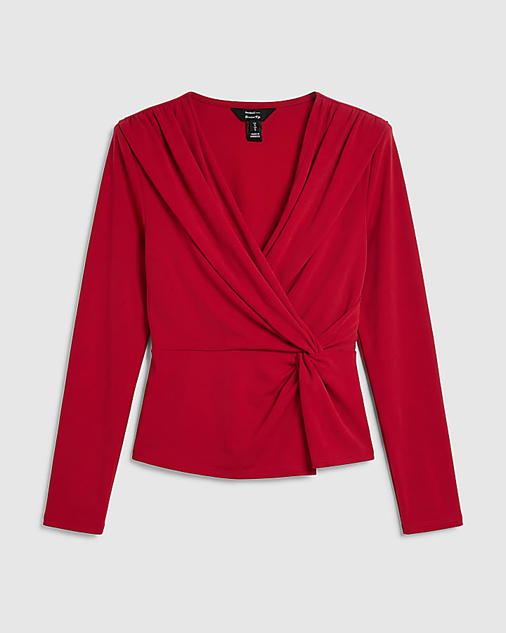 Red Long Sleeve Drape Front Top