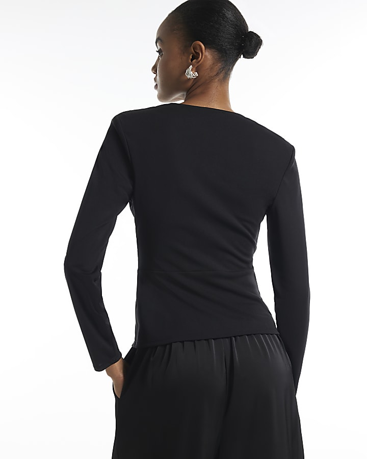 Black Drape Front Long Sleeve Top