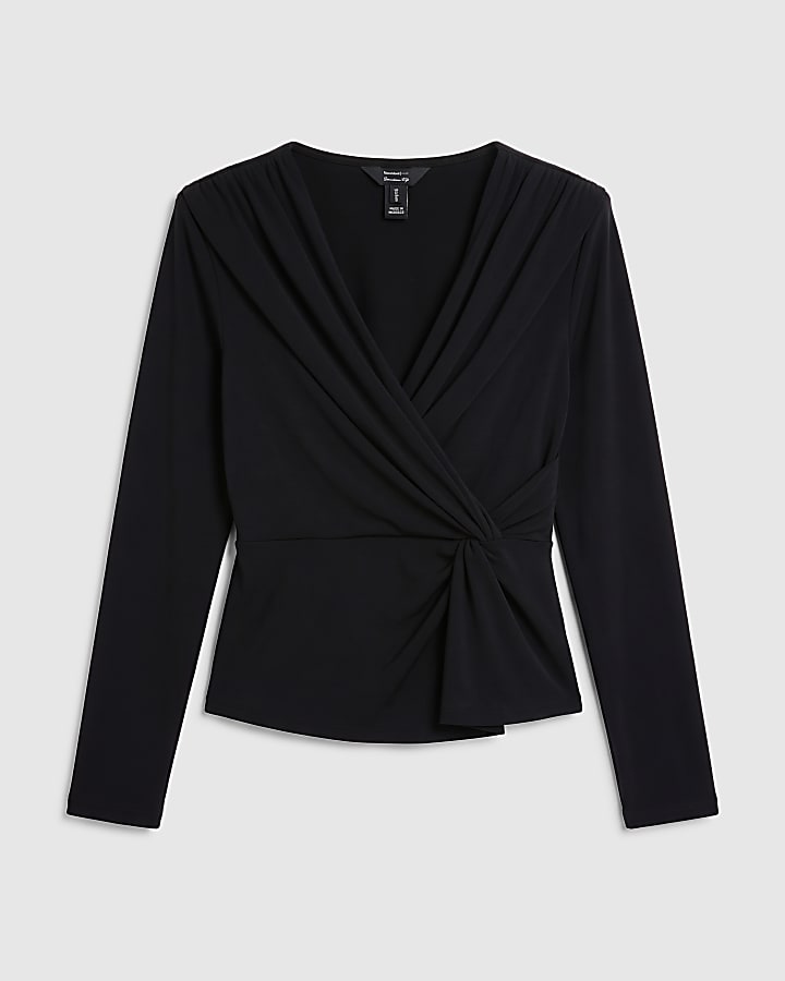 Black Drape Front Long Sleeve Top