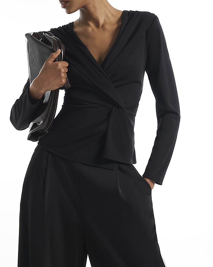 Black Drape Front Long Sleeve Top