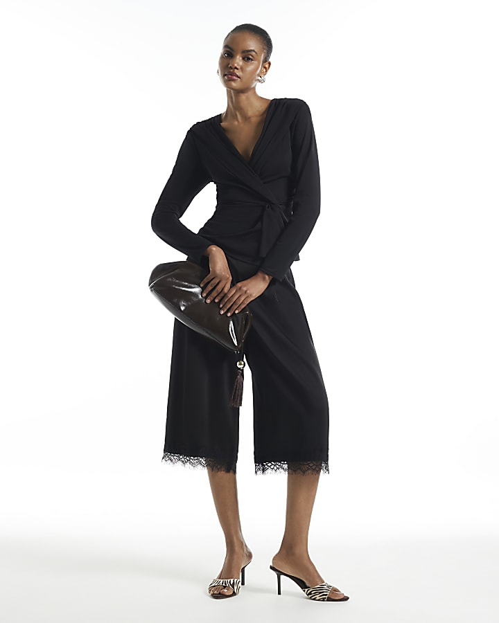 Black Drape Front Long Sleeve Top