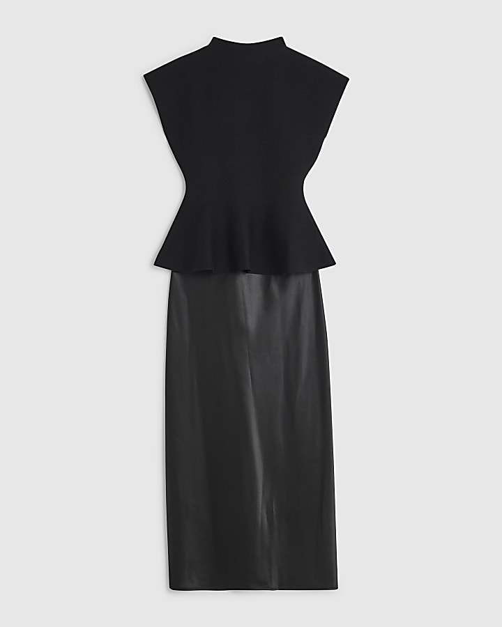 Petite Black Hybrid Satin Knit Peplum Dress