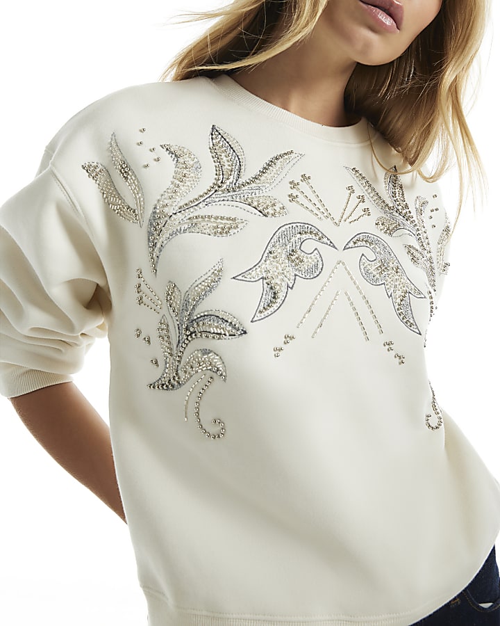 Cream Embellished Sweatshirt
