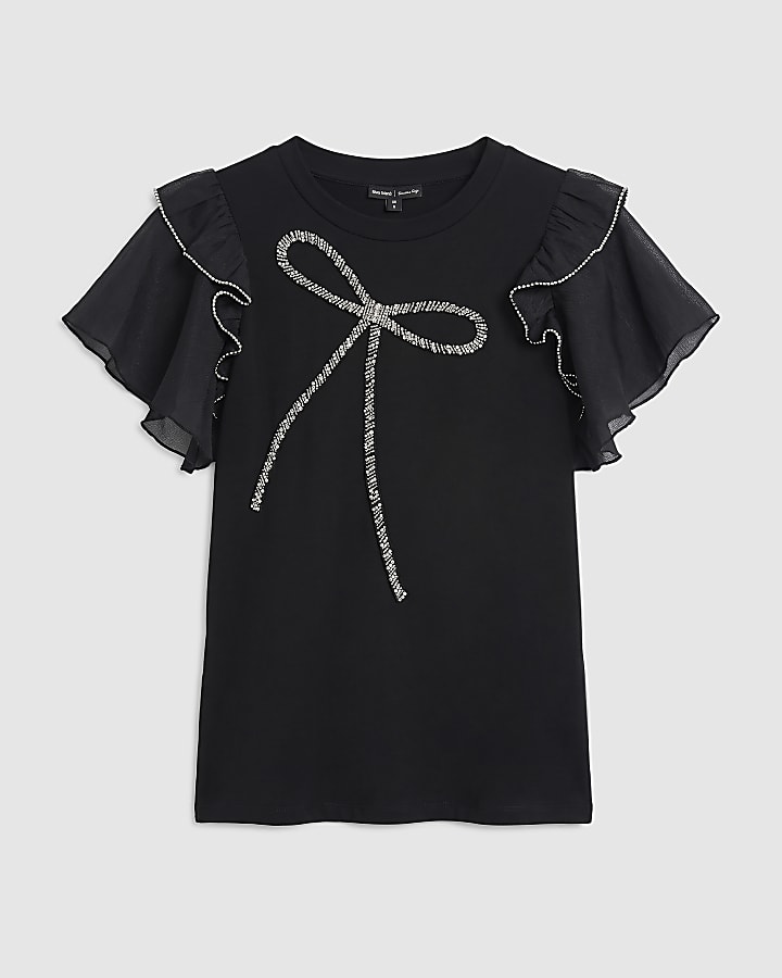 Black 3D Bow Chiffon Sleeve Top