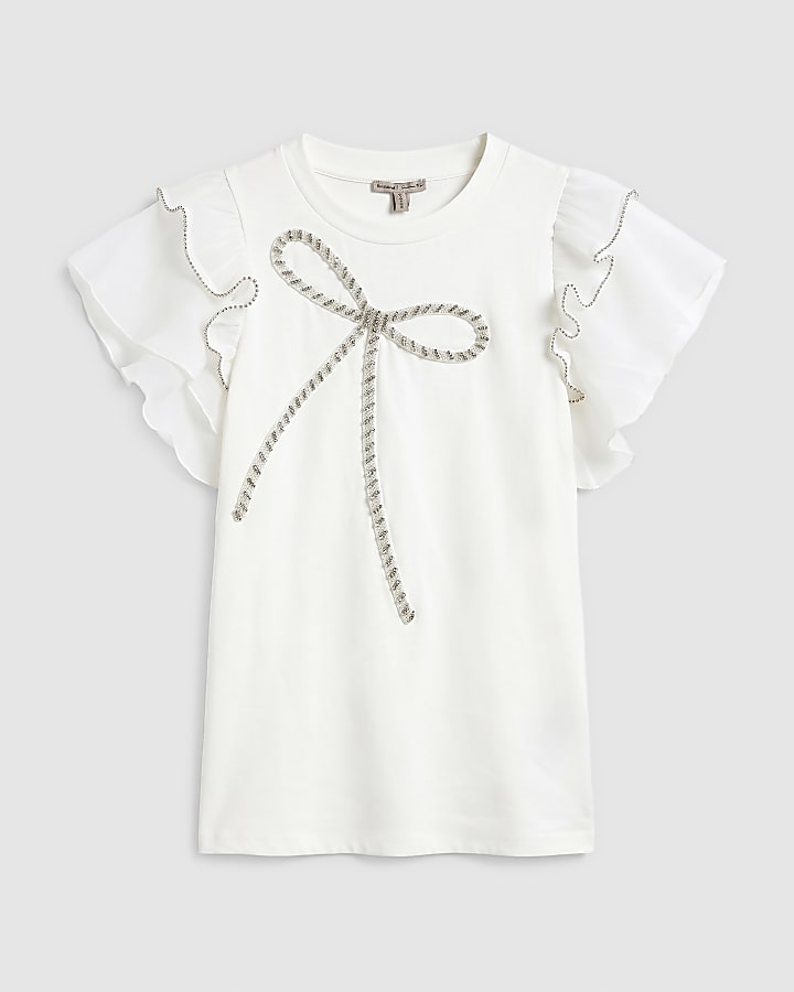 White 3D Bow Chiffon Sleeve Top
