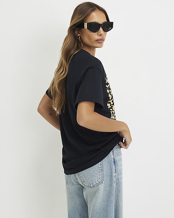 Black Cotton Leopard Print Foil T-Shirt