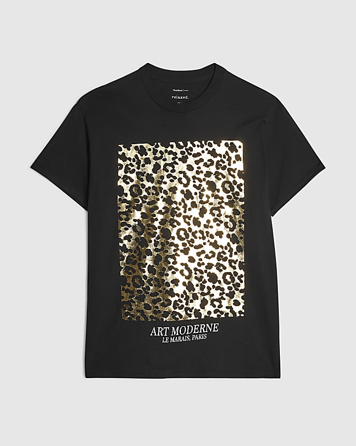 Black Cotton Leopard Print Foil T-Shirt