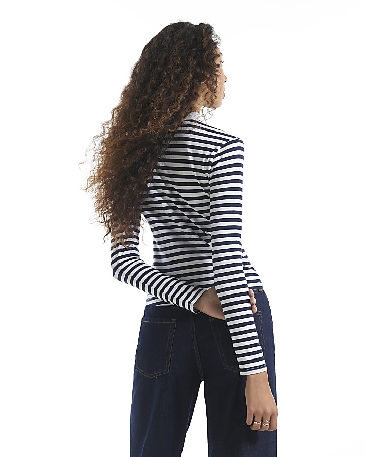 Navy Cotton Blend Stripe Keyhole Top