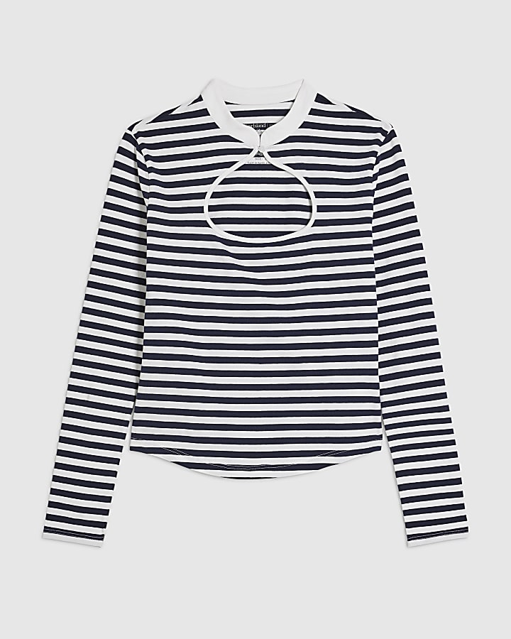 Navy Cotton Blend Stripe Keyhole Top