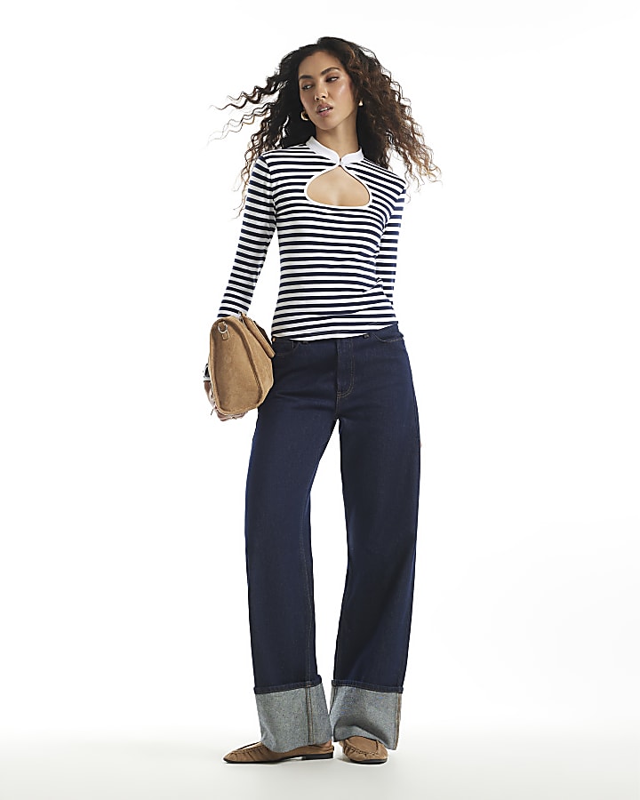 Navy Cotton Blend Stripe Keyhole Top