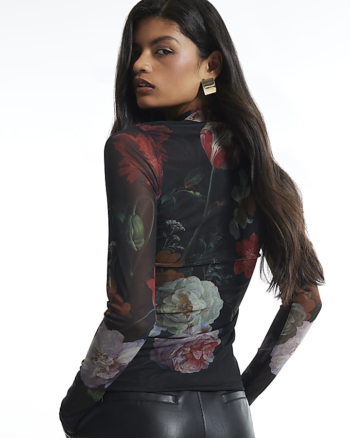 Black Floral Print Mesh Top