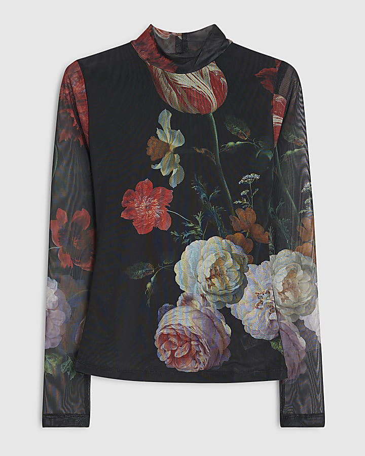 Black Floral Print Mesh Top