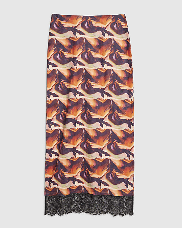 Orange Lace Trim Blur Print Maxi Skirt