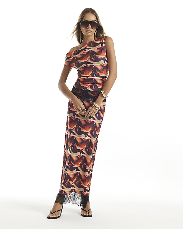 Orange Lace Trim Blur Print Maxi Skirt