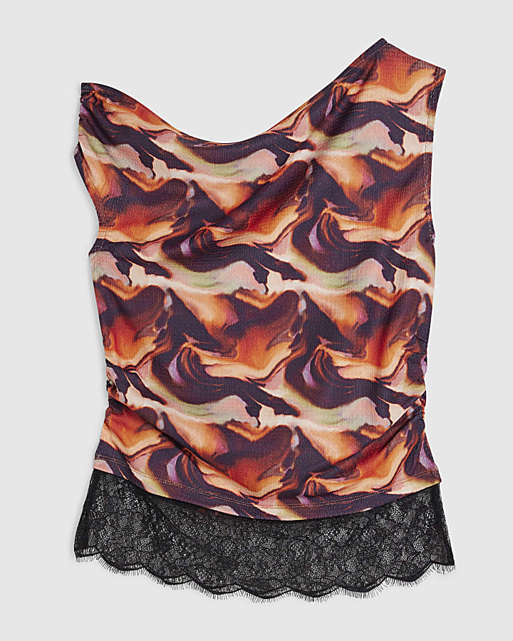 Orange Lace Trim Blur Print Top