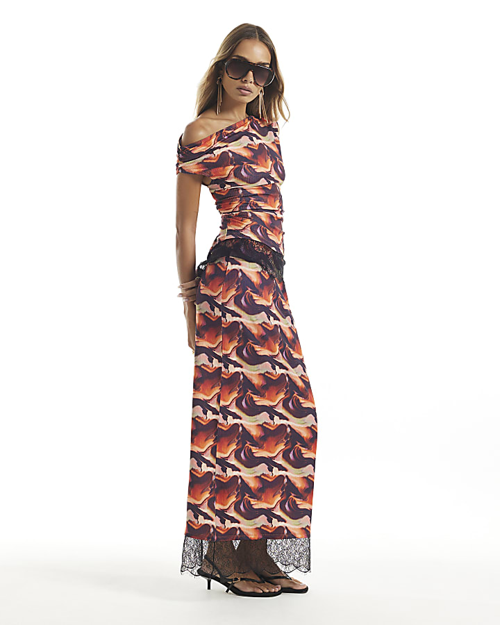 Orange Lace Trim Blur Print Top