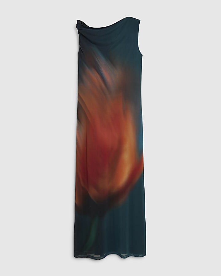 Blue Mesh Printed Drape Dress