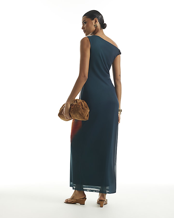 Blue Mesh Printed Drape Dress