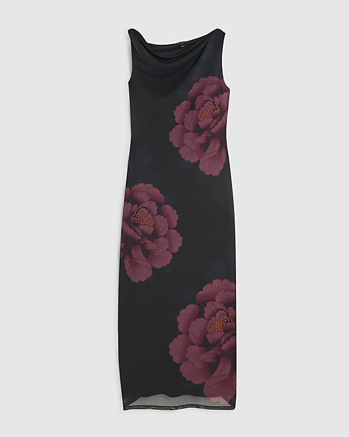 Black Mesh Floral Drape Dress