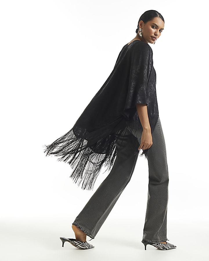 Black Jacquard Tassel Trim Kimono