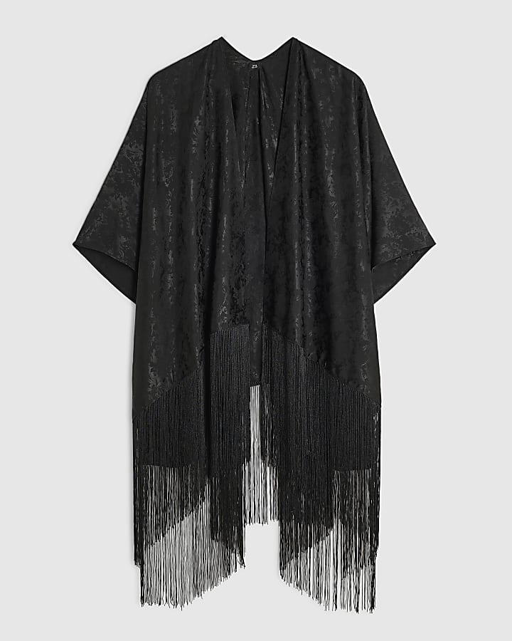 Black Jacquard Tassel Trim Kimono