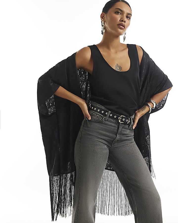 Black Jacquard Tassel Trim Kimono