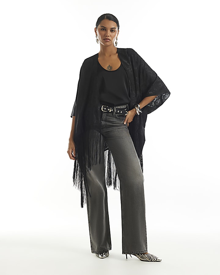 Black Jacquard Tassel Trim Kimono