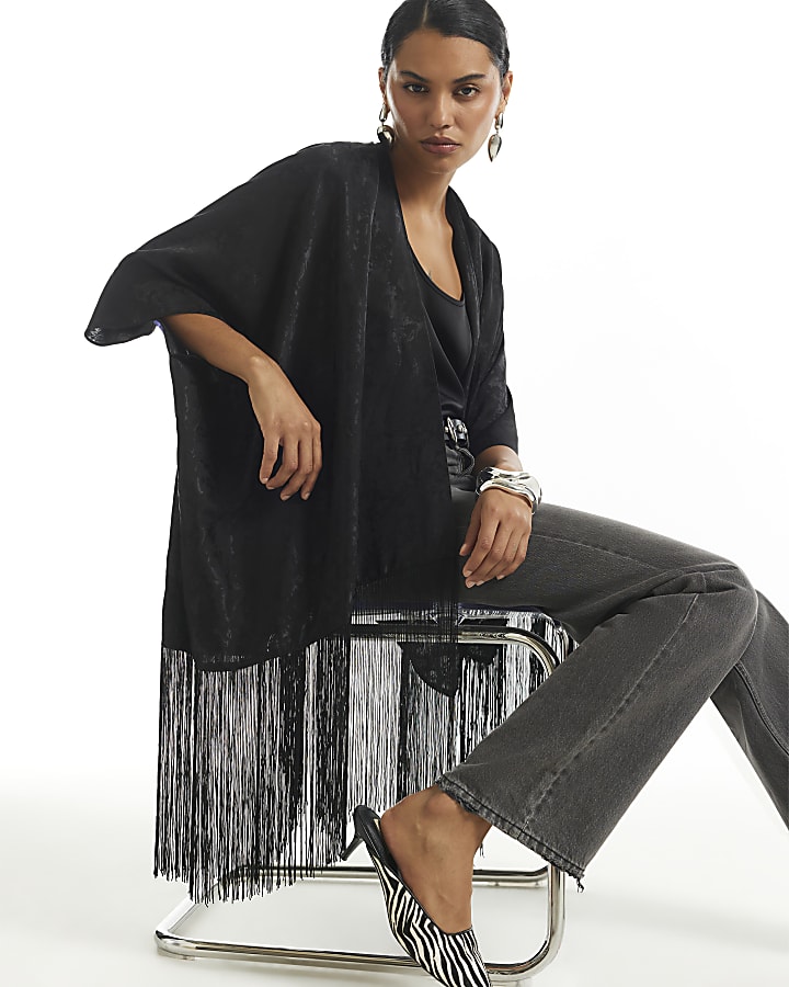 Black Jacquard Tassel Trim Kimono