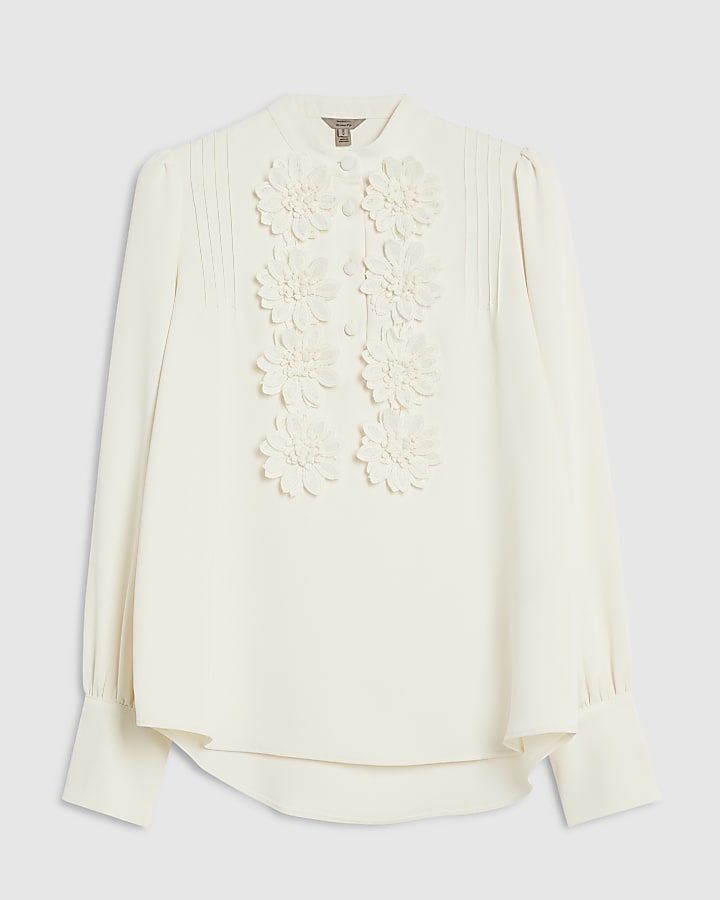 Cream Crepe Floral Applique Blouse
