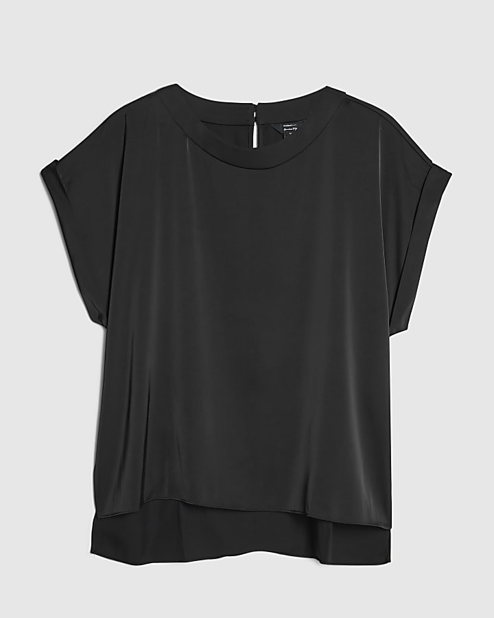 Black Satin Turn Back Cuff Blouse