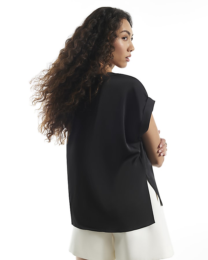 Black Satin Turn Back Cuff Blouse