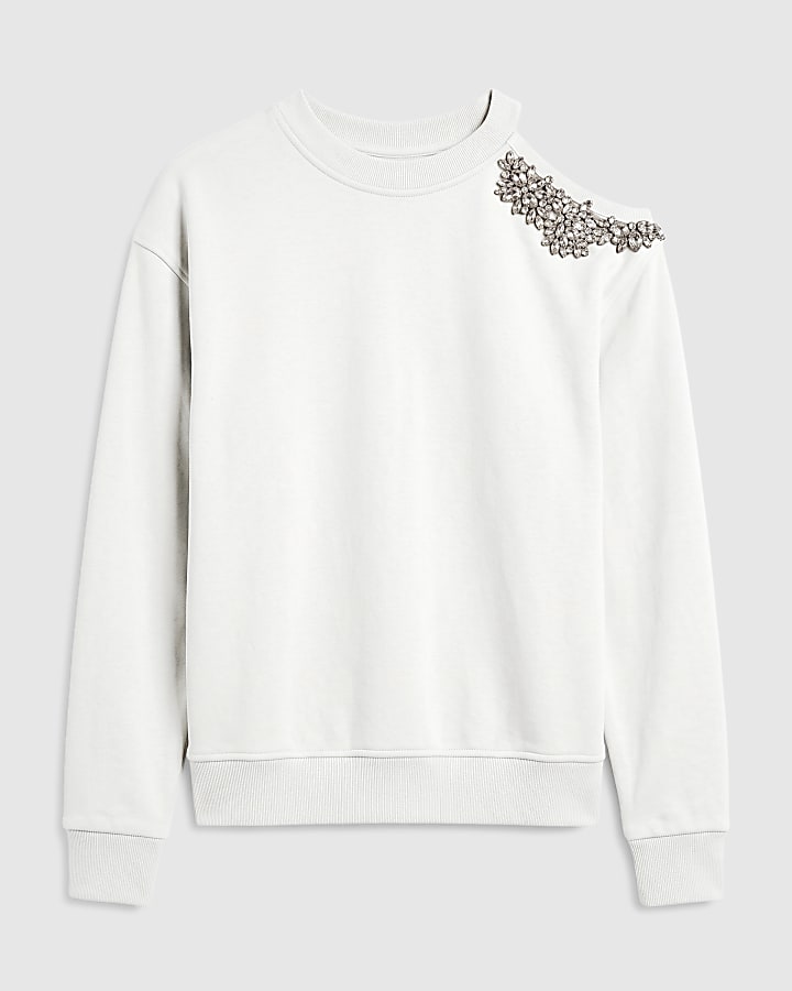Cream Shoulder Cut Out Diamante Sweatshirt