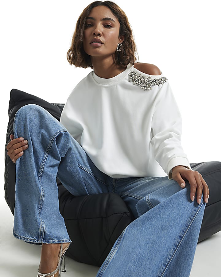 Cream Shoulder Cut Out Diamante Sweatshirt