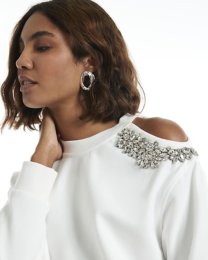 Cream Shoulder Cut Out Diamante Sweatshirt