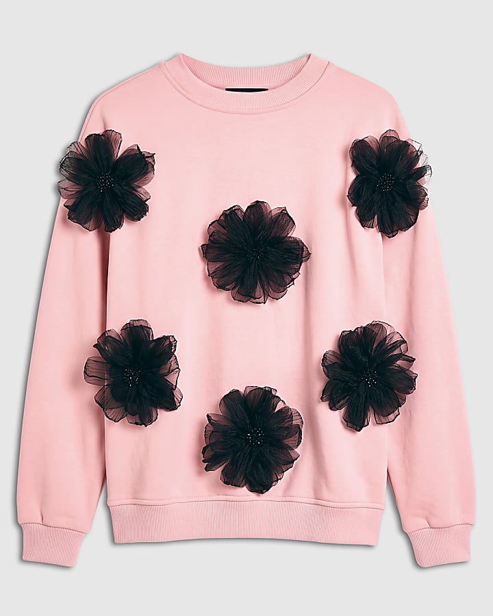 Pink Contrast 3D Flower Sweatshirt