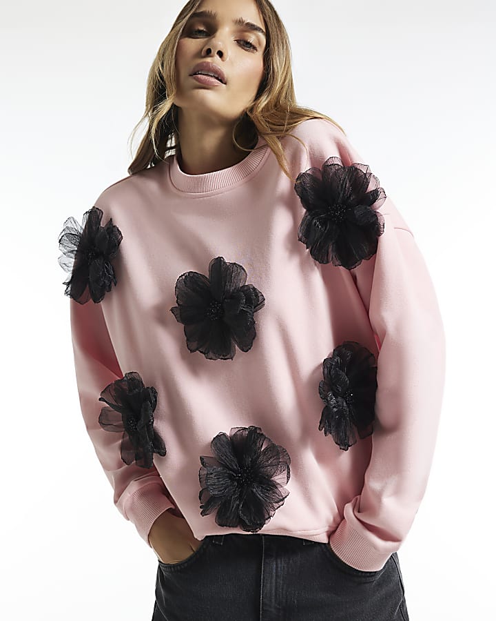 Pink Contrast 3D Flower Sweatshirt