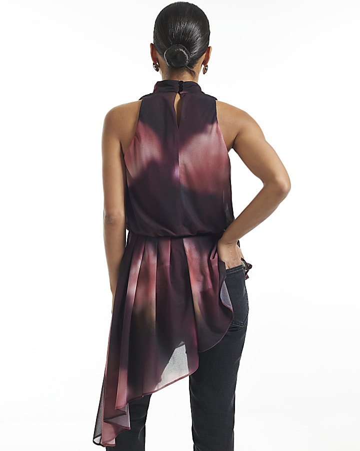 Petite Burgundy Chiffon Asymmetric Hem Top