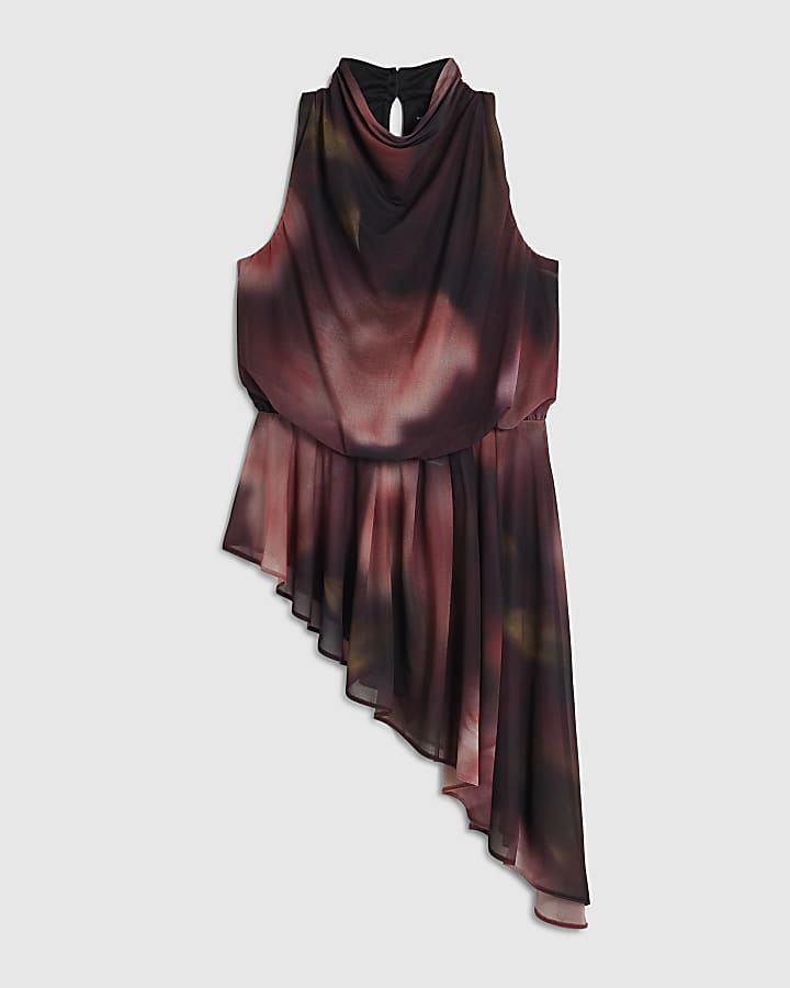 Petite Burgundy Chiffon Asymmetric Hem Top