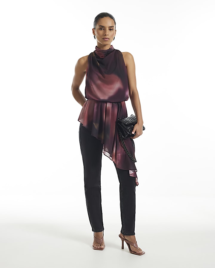 Petite Burgundy Chiffon Asymmetric Hem Top